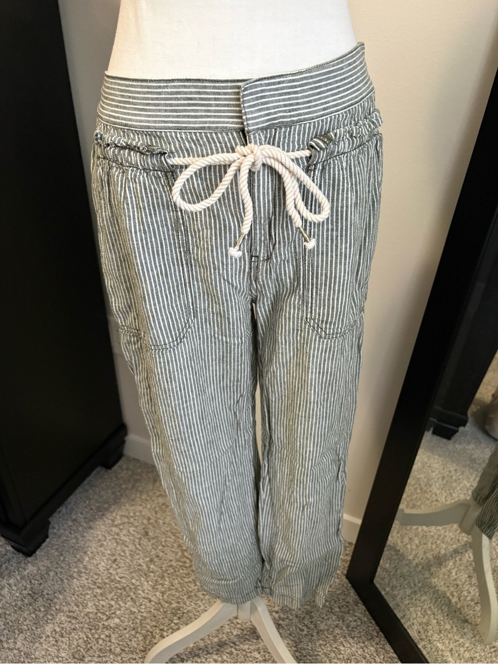 Anthropologie Green and White Striped Drawstring Joggers